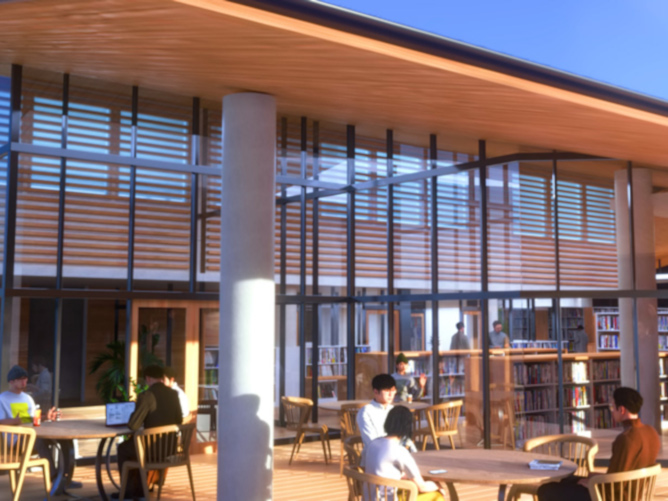 ラウンジ、学生支援室を併設した新図書館と、新たに研究棟の建設を予定しています。